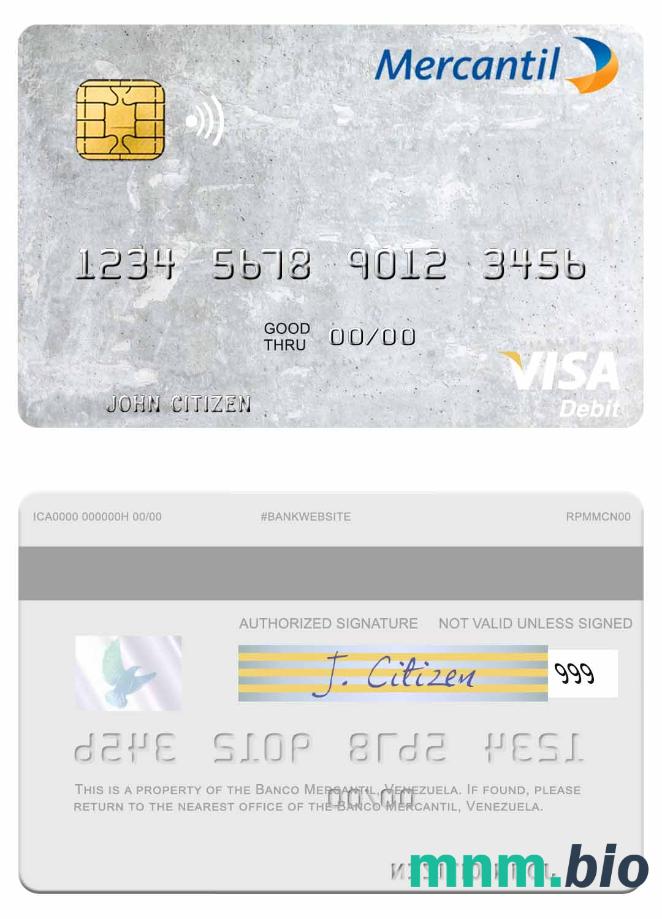 Venezuela Banco Mercantil visa debet karta przykład w formacie PSD
